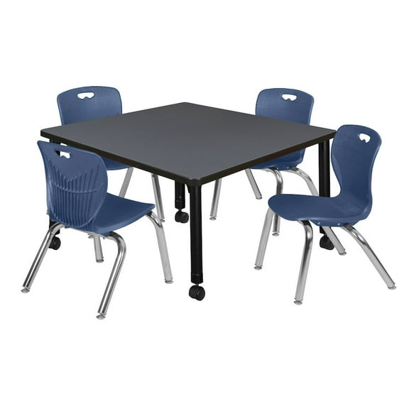 Regency 42 Square Mobile Adjustable Classroom Table- Grey & 4 Andy 12 Stack Chairs- Blue