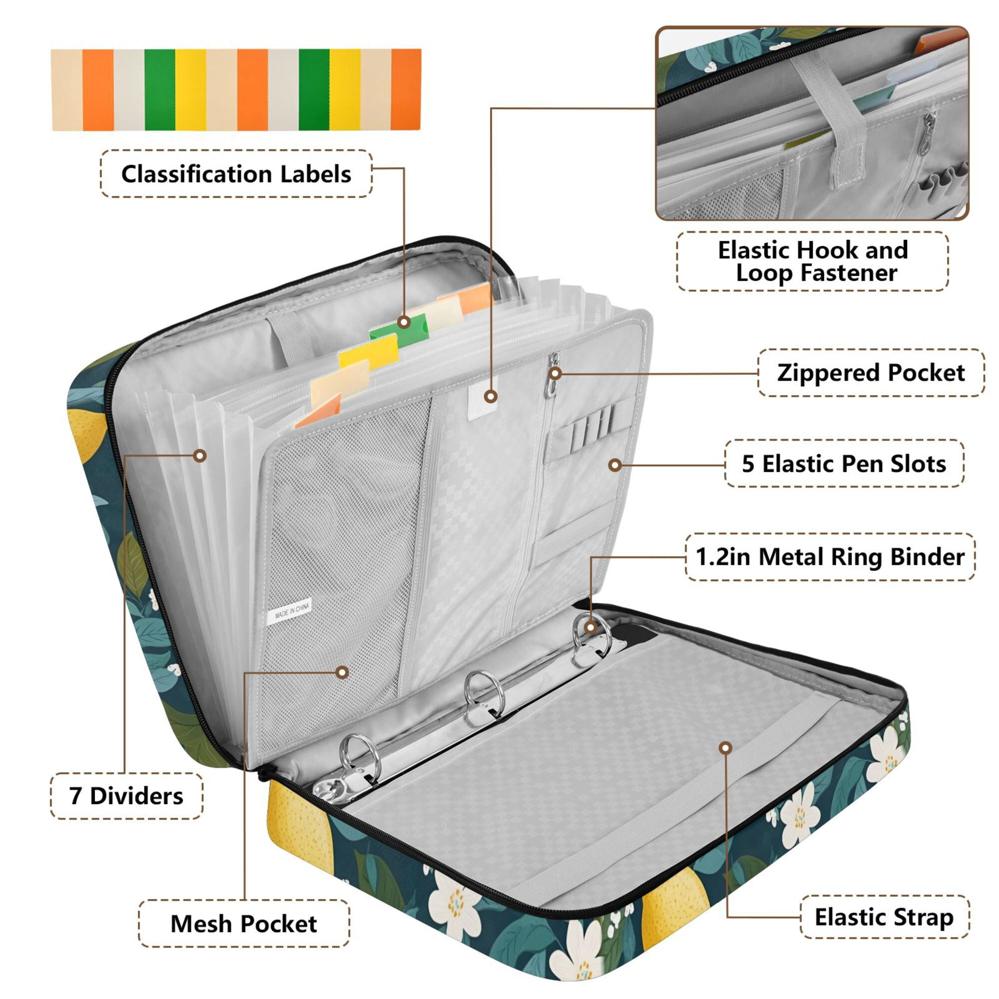 FORMRS Accordion File Folder A4 Size 7-Pocket Expanding Document Organizer Bag with 3 Ring Binder, Green Lemon Leaves
