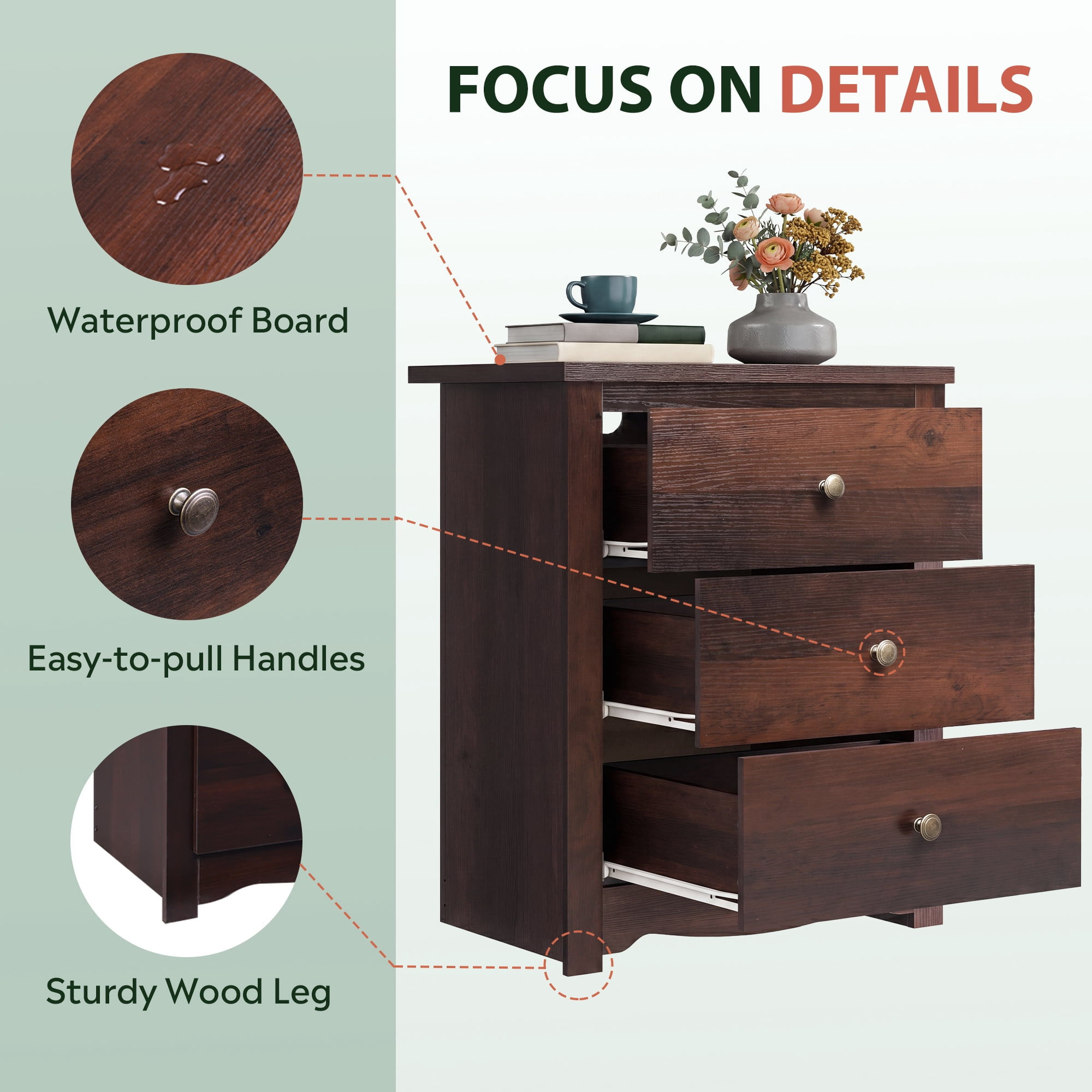 GALAXHERO Tall Espresso Nightstand with Charging Station and 3 Drawers, Wood Bedside End Table with 2 USB Ports & 2 AC Outlets for Bedroom Living Room Dorm