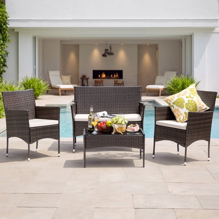 Lacoo 4 Pieces Patio Conversation Set Outdoor PE Rattan Wicker Chairs Set and Table, Brown