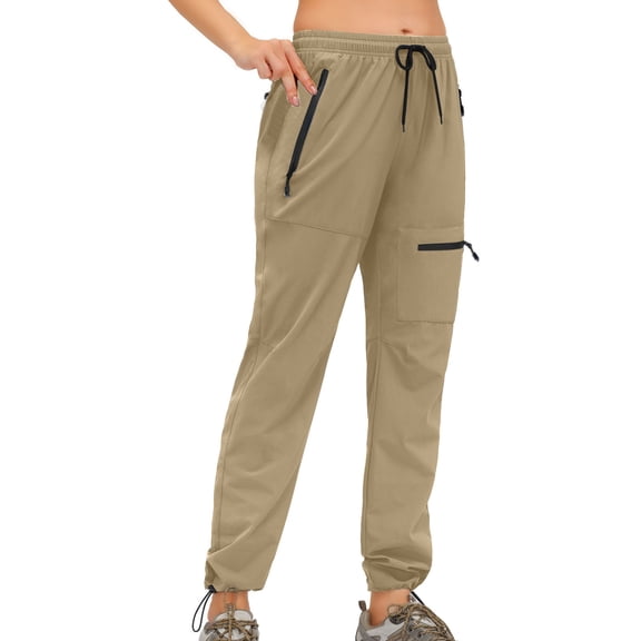 XFLWAM Women's Athletic Hiking Cargo Joggers Pants Outdoor Workout Lightweight Quick Dry Zipper Pockets Khaki S