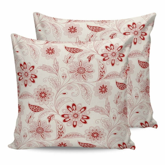 Outdoor Waterproof Throw Pillow Covers Set of 2 Red Paisley Pattern Decorative Pillowcases Square Outdoor Pillows Cushion Case 18x18 Inch Boho Tribal Vintage Flowers Patio Pillows for Couch Sofa Bed