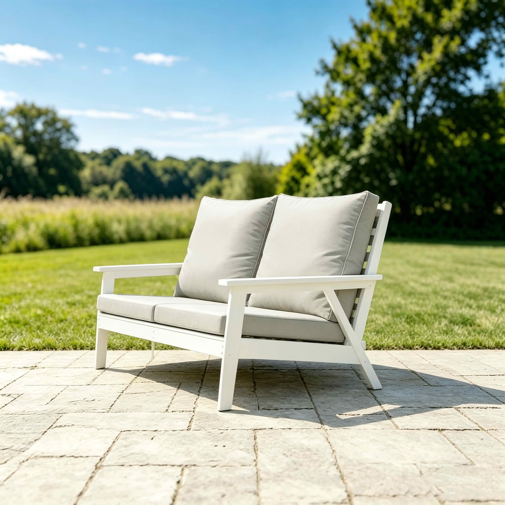 MAYEERTY Wood Grain HIPS Outdoor Loveseat, All Weather 2-Seater Patio Sofa with Soft Cushions for Backyard Pool Terrace