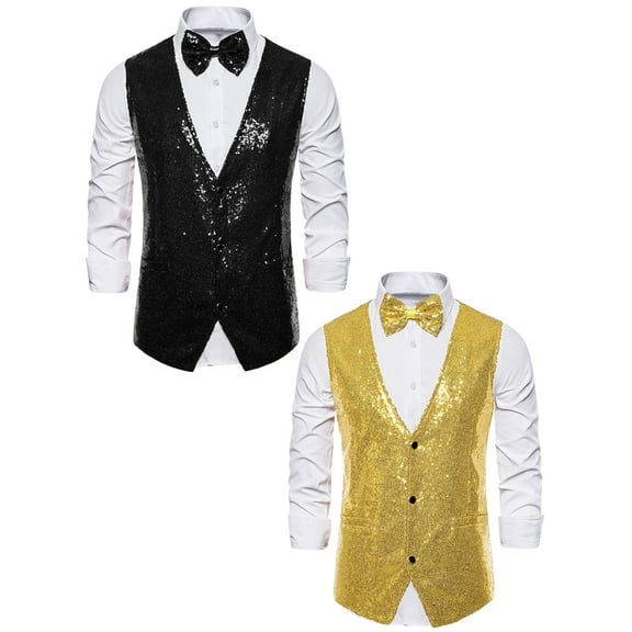 NOMADIC NOOK Men's Glitter Sequin Sleeveless Suit Vest Set with Bow Tie 2 Packs
