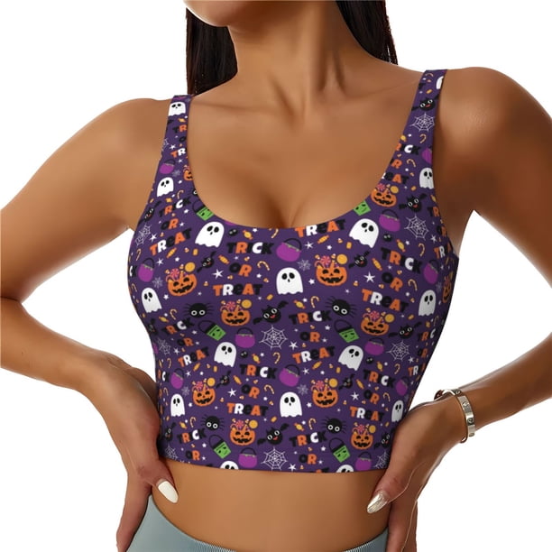 Fotbe Halloween Sweet Candy Sujetador Deportivo Largo sin Aros para Mujer con Almohadillas y Soporte Medio, Transpirable y Absorbente, Camiseta Tipo Chaleco o Tank Top-X-Large