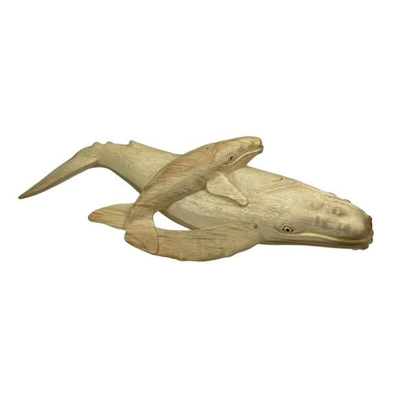 Contrast Carved Teak Wood Humpback Whale and Baby Tabletop Statue 20 inch