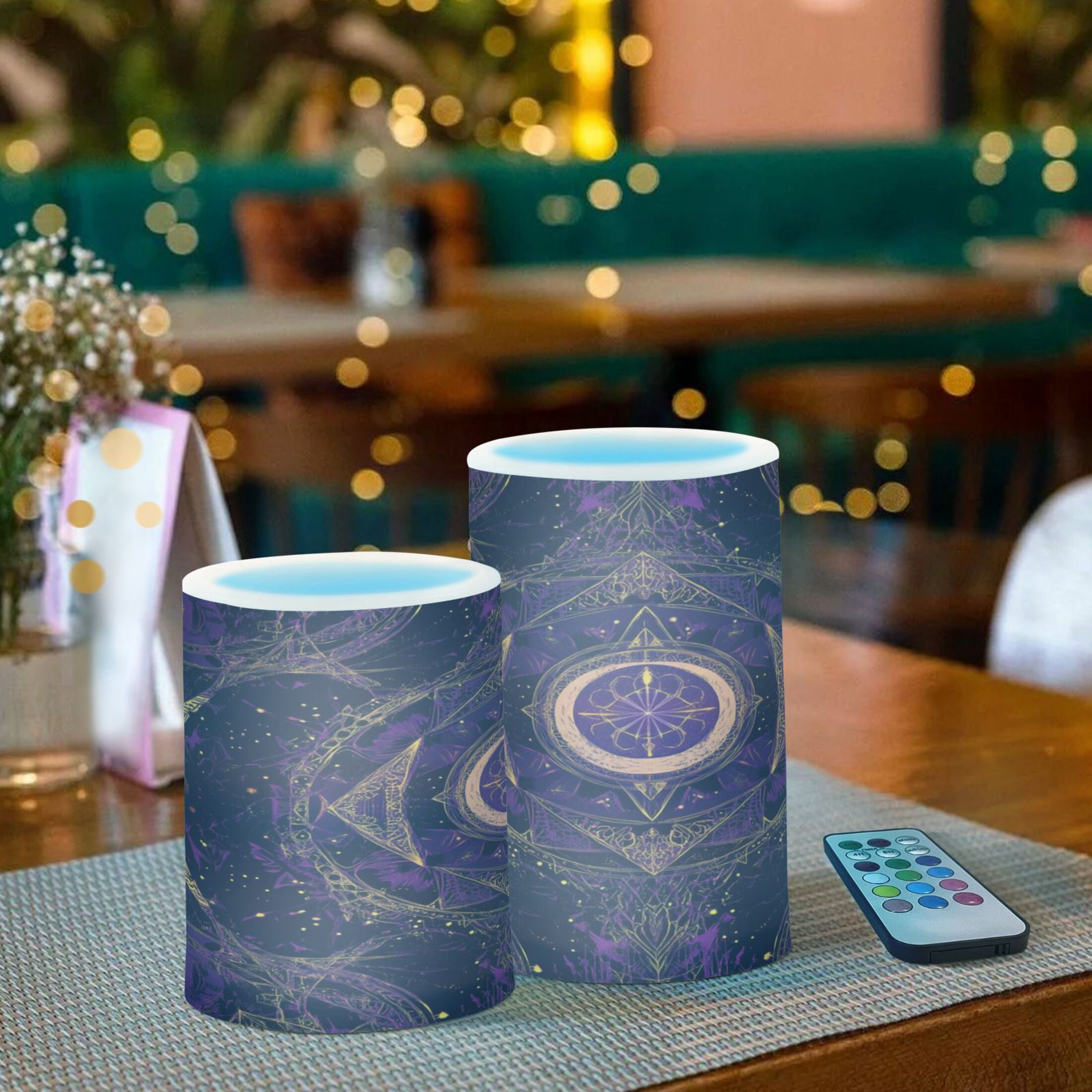 2 PCS Flameless Candles with Remote Timer LED Battery Operated Flickering Candle Light for Wedding Table Home Decoration Gifts Mystical Lines Pattern