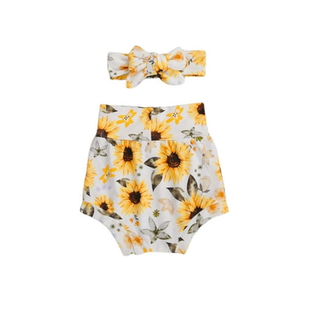

Canrulo Infant Baby Girl Shorts High Waist Sun/Sunflower/Rainbow/Daisy/Heart Print Shorts Bottoms Headband 2Pcs Set Black 9-12 Months