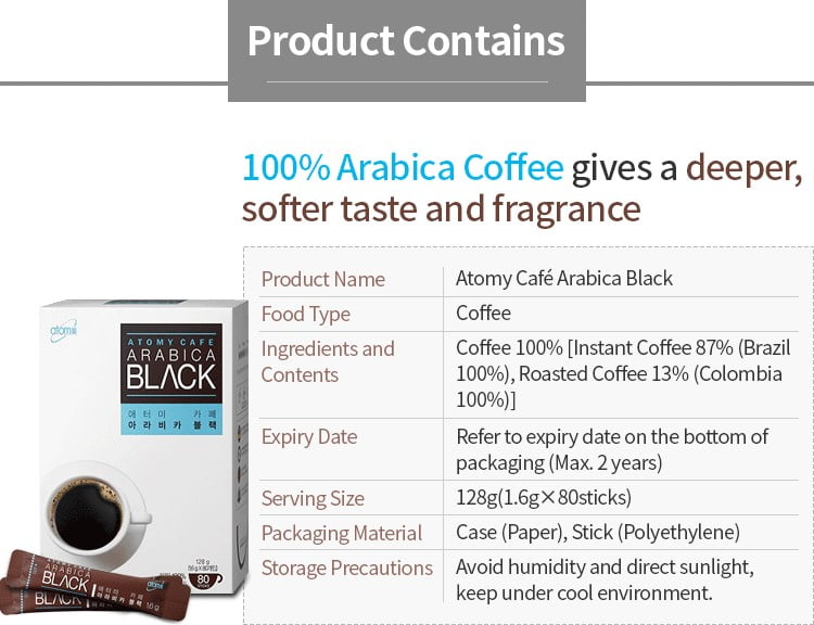Atomy Cafe Arabica Black Instant 100% Coffee - 80 Sticks Mix