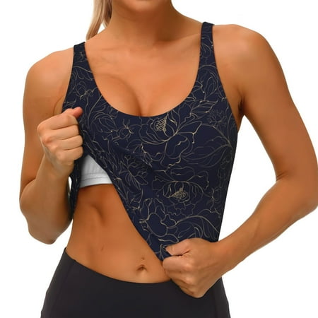 Qokaie Copper-Gold Gloss Outline Peony Pattern Womens Scoop Neck Sports Bra Breathable Workout Vest Padded U Back Medium Impact Fitness Gym Yoga Bra Workout Crop Top