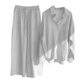 thumbnail image 5 of Quixlent 2 Pcs/Set Women Plus Size Shirt Trousers Set Solid Color Long Sleeves Lapel Collar Blouse High Waist Loose Wide Leg Pants Set Casual Commute Outfit, 5 of 8