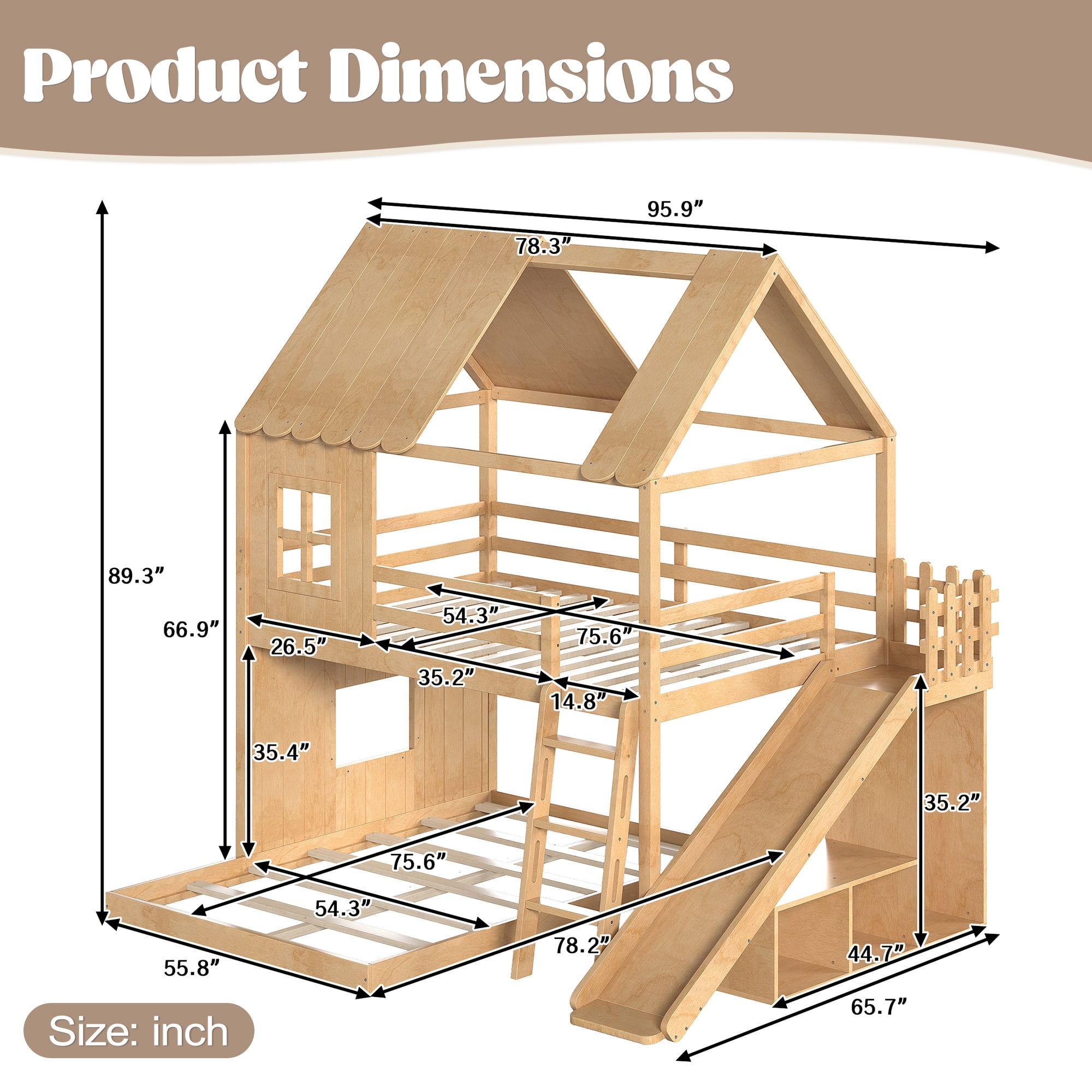Leumius Full over Full House Bunk Bed with Ladders and Slides, House Floor Bunk Bed Frame with Storage Shelves and Wardrobe, Playhouse Design for Boys Girls Natural