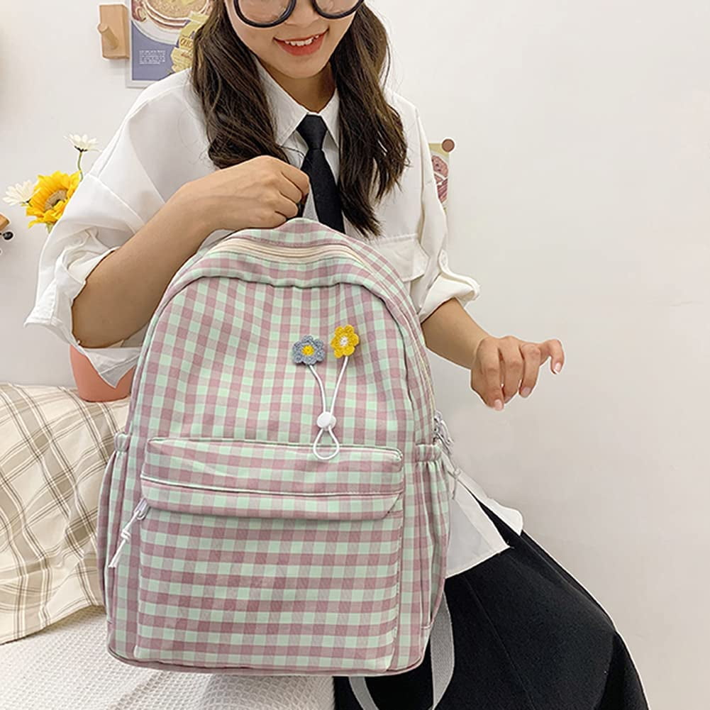 SAYDY Backpack School Bag Canvas Plaid Print Backpack Large Rucksack Laptop Backpack Student Girls School Bags Pink Green Walmart