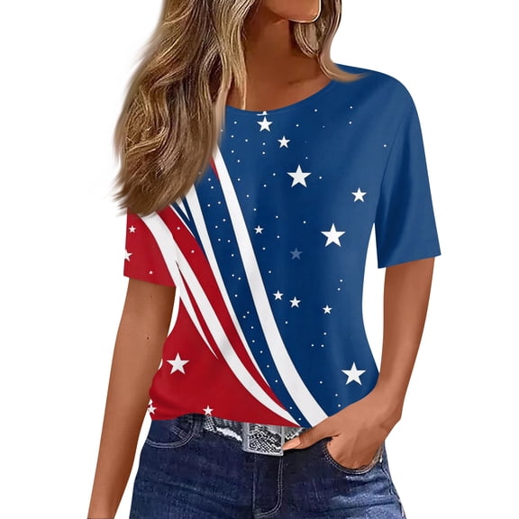LWavelet Fourth of July Shirts for Women 3/4 Length Sleeve Tops Round Crew Casual Glitter Patriotic Stripe Tee Blue XL