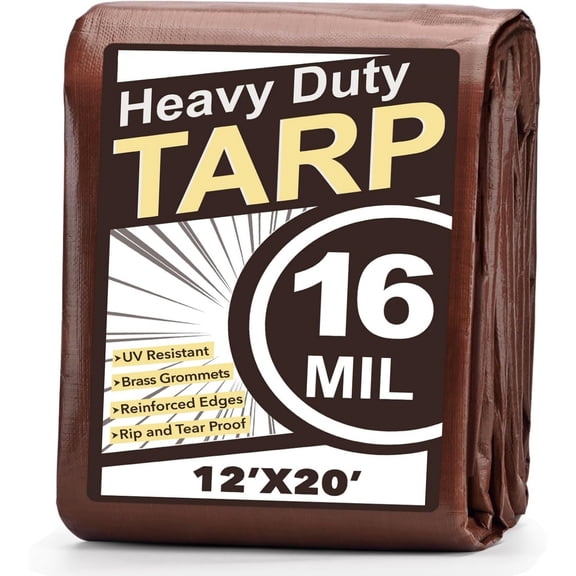 Tarps Heavy Duty Waterproof 12X20 Feet, Extra Thick 16 Mil, Tear & Fade Resistant, 100% UV Blocking, Outdoor Tarp with Reinforced Grommets for Roof, Camping, Patio, Pool, Boat (Brown/Silver)