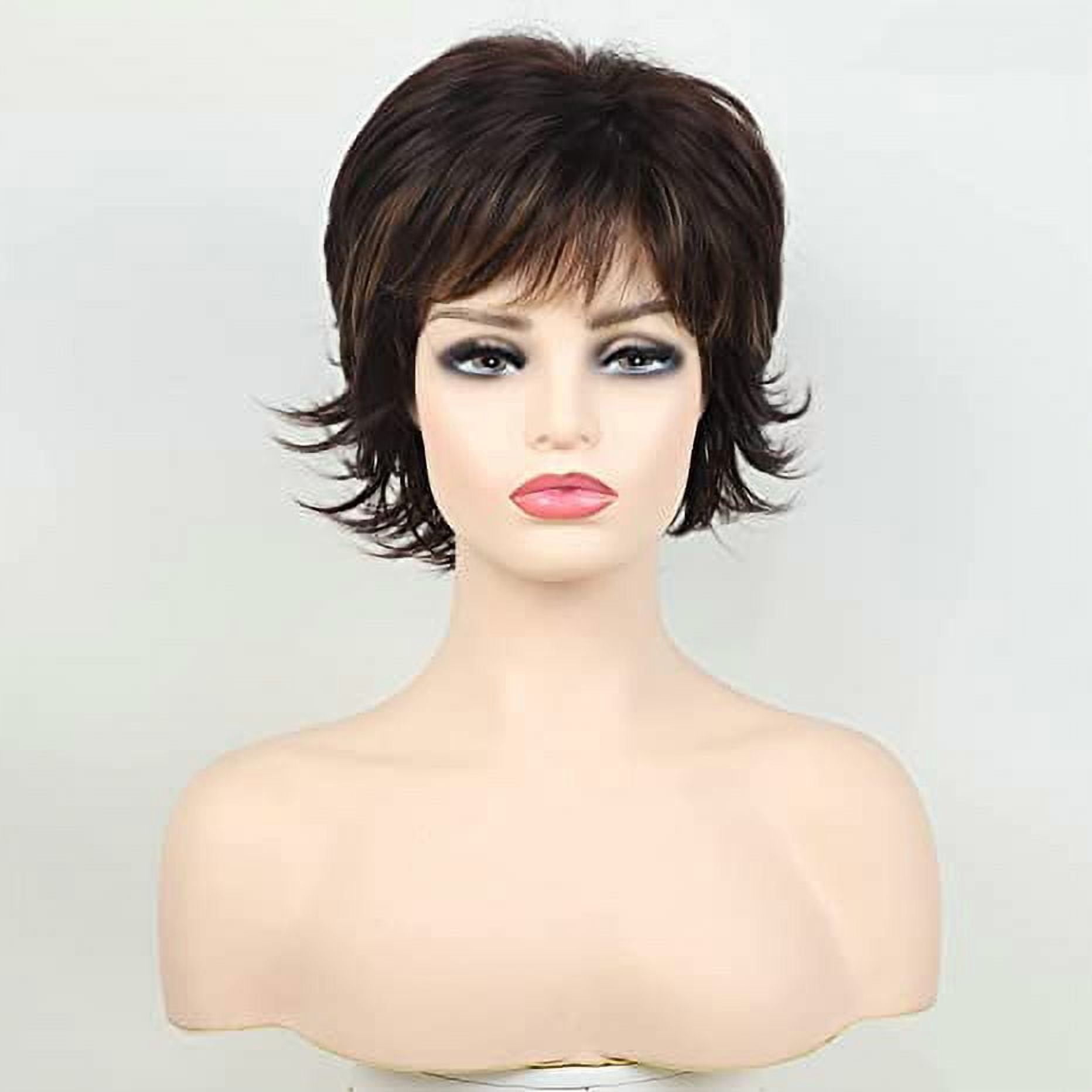 Womens Short Brown Pixie Wig Curly Synthetic Hair with Bangs Natural Wavy Cap