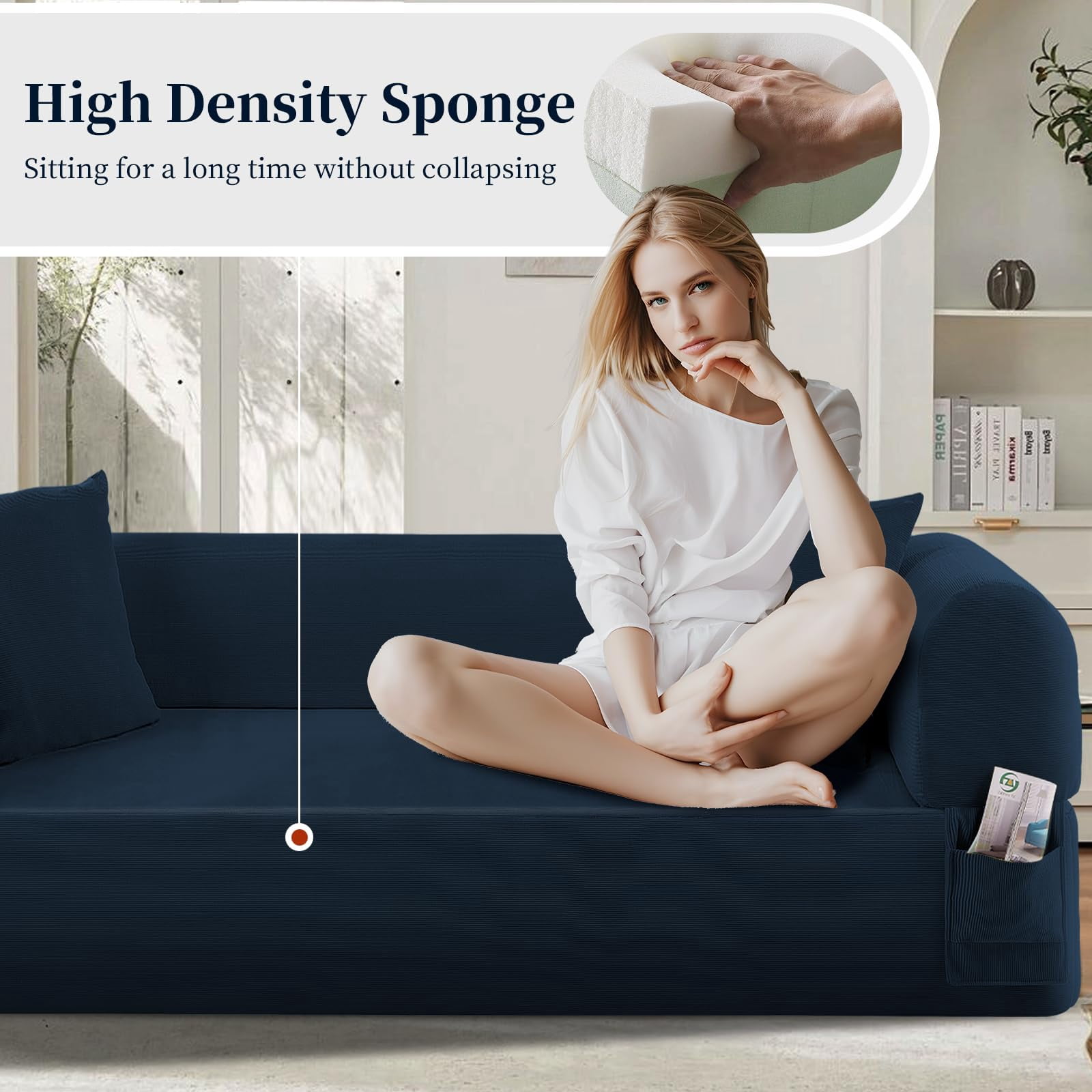 3-Seater Sofa, 83" No Assembly Deep Loveseat Couch in A Box, Spring & High-Elastic Sponge Filling Sofas with 2 Cushions & Side Storage Pockets for Living Room Apartment, Blue