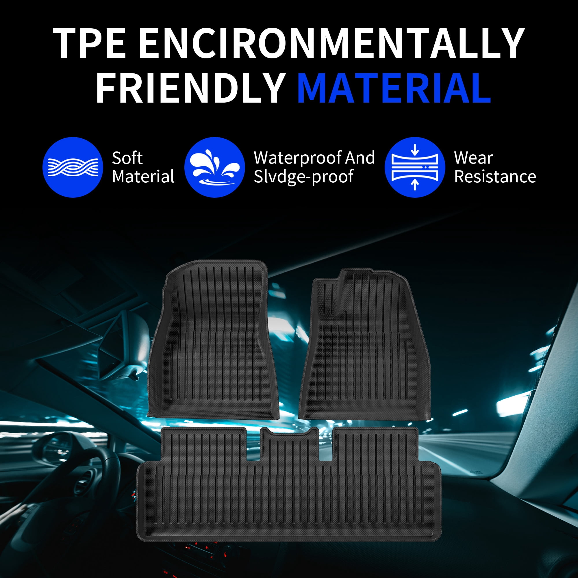 Floor Mats for Tesla Model 3 2024 2023 2022 2021, TPE All Weather Mat Custom Fit 1st and 2nd Row Full Set Car Liners, Black