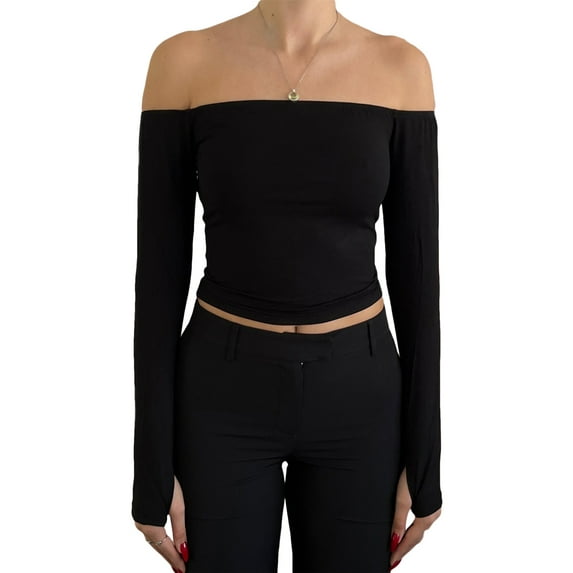 Seyurigaoka Women's Ribbed Off Shoulder Crop Tops Long Sleeve Solid Color Back Cutout Slim Fit Sweater Shirts