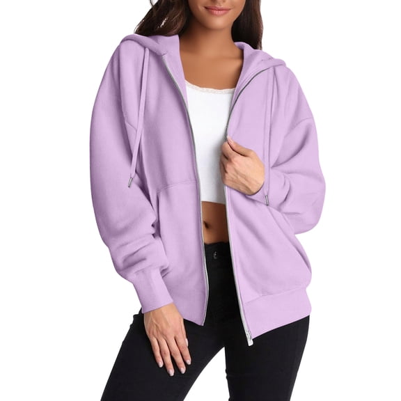 Stralyhd Women's Lightweight Hoodies Full Zip Up Subtle Neutral Shade Oversized Sweatshirts with Pockets Long Sleeve Thin Casual Hooded Jackets Light Purple M