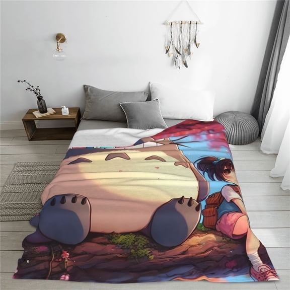 Totoro Cartoon Printing Throw Blanket, All Seasons Flannel Fleece Blanket, Soft & Warm Plush Blankets for Couch Sofa Bed Camping Travel, 40"x30"