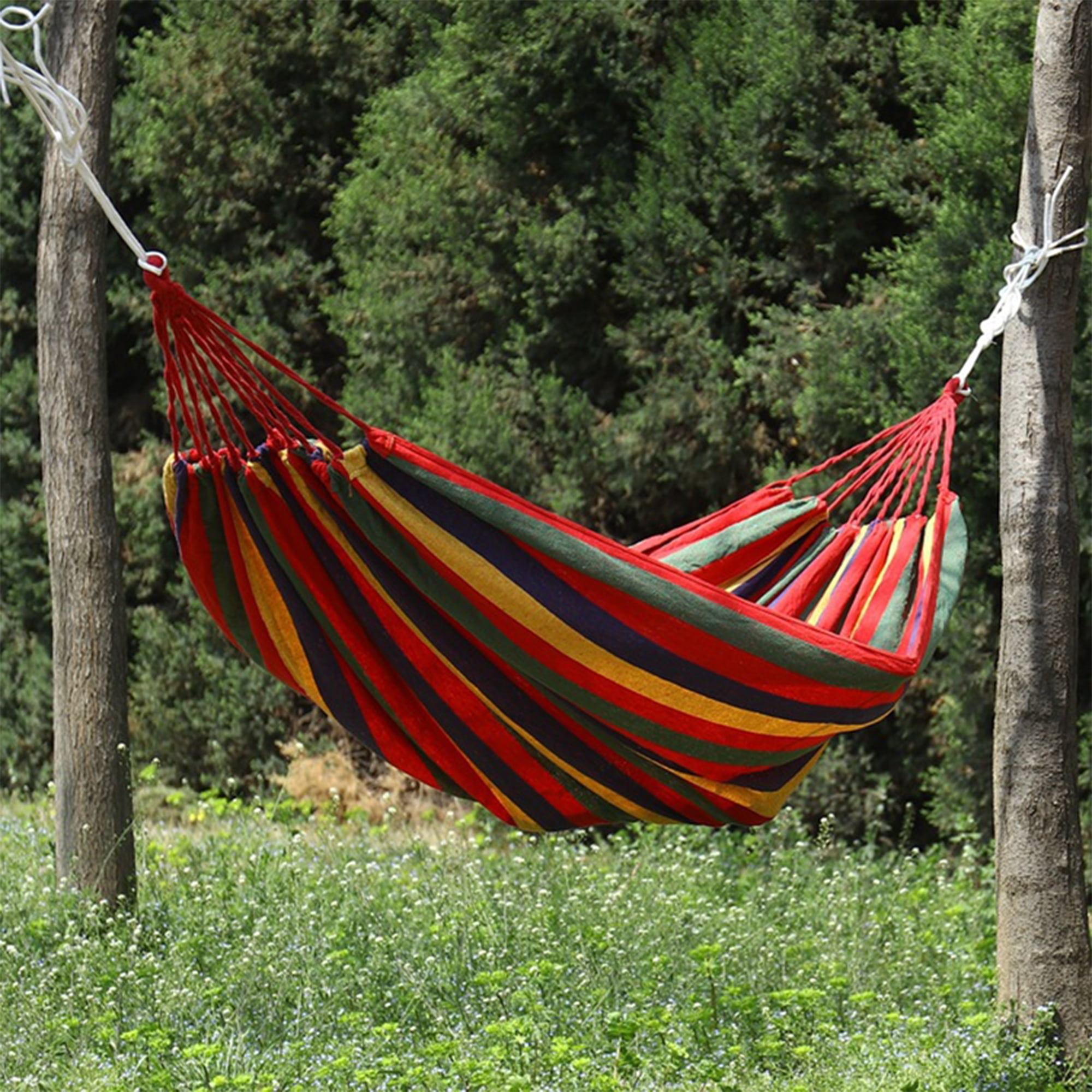 Unique Bargains 1 Pc No Stick Double Hammock for Outdoor Red Green Yellow 102.36" Length