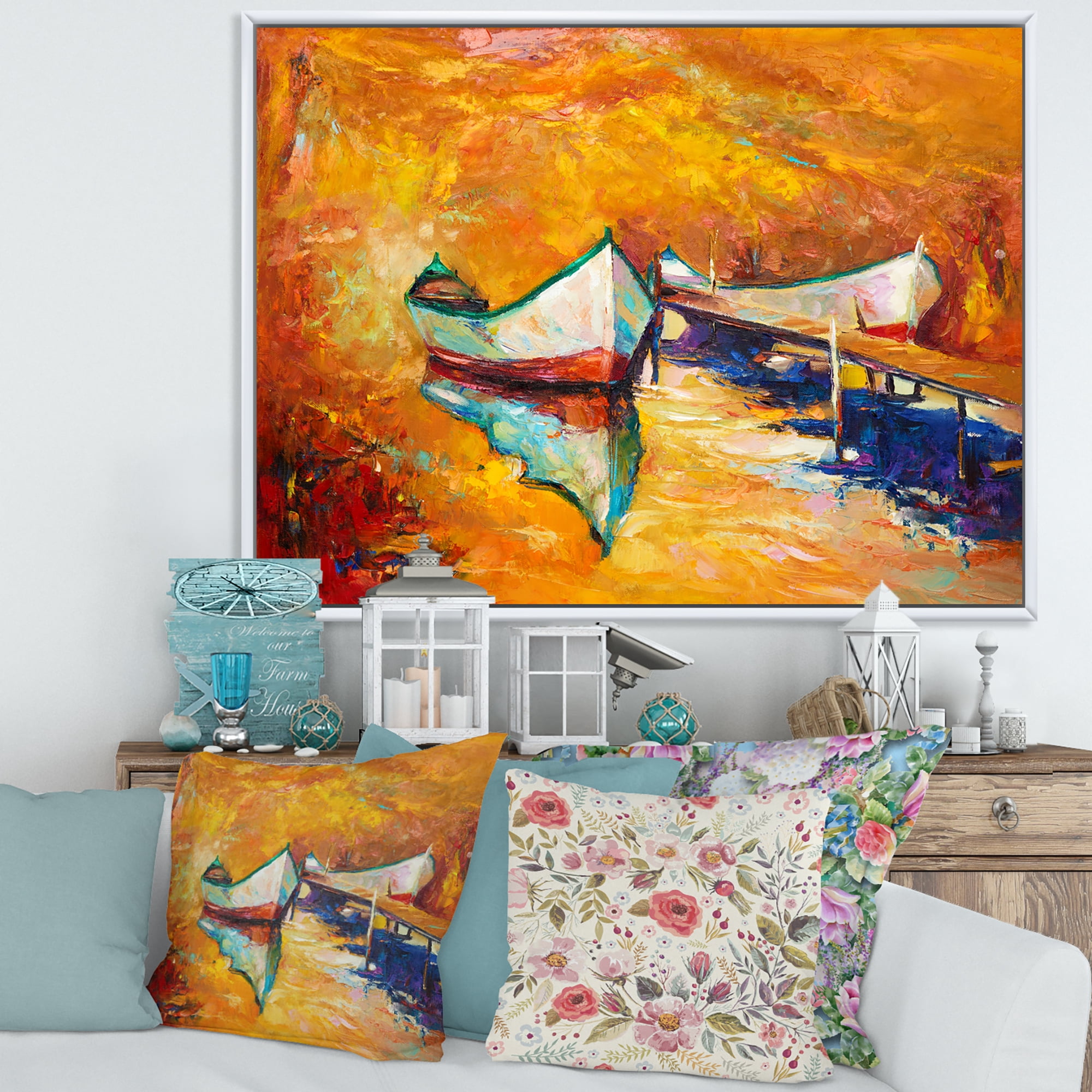 Designart 'Little Boat During Warm and Orange Evening' Nautical & Coastal Framed Canvas Wall Art Print