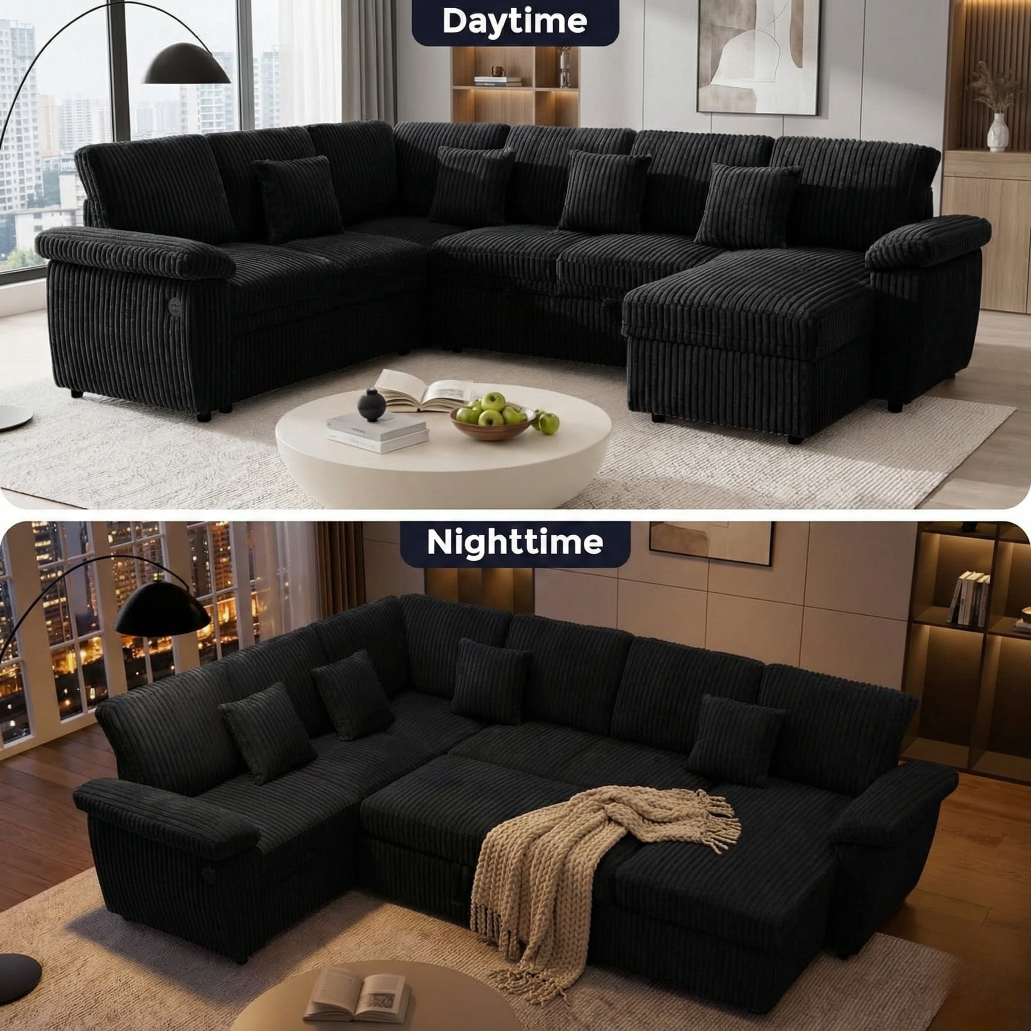 Howcool Modular Sectional Sleeper Sofa with Pull-Out Bed, U-Shaped Convertible 7-Seat Cloud Couch with Storage Chaise & USB Charging, Plush Corduroy Sectional for Living Room,Black