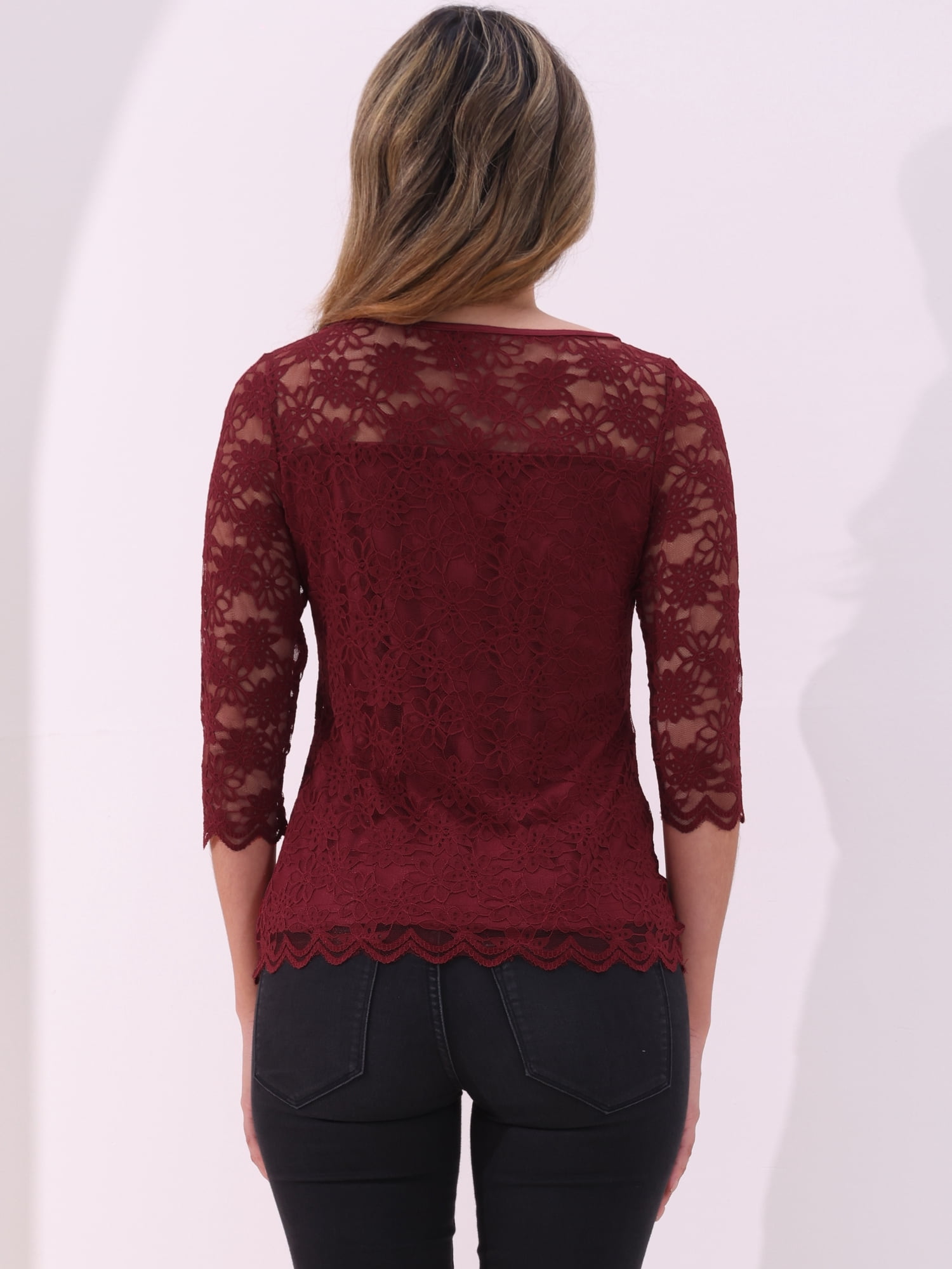 DARING DIVA Women's 3/4 Sleeve Crew Neck Floral Lace Tops M Dark Red