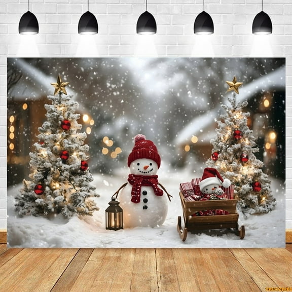 North Pole Snowman Red Wood Door Christmas Photography Backdrop Winter Snowy Forest Village Sce Photocall Background r