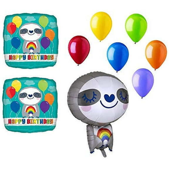 Mayflower Sloth Rainbow Happy Birthday Party 9 PCE Mylar and Latex Balloons Set