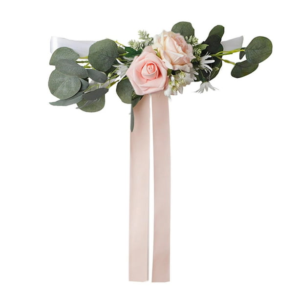 Cintas florales de flores artificiales para respaldo de silla con rosa artificial de eucalipto rosado