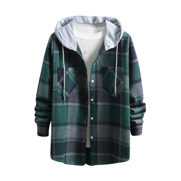 Zysthvn Plaid Mens Jackets and Coats Casual Winter Outdoor Lightweight Sports Coats for Men Hiking with Pockets Hooded Button