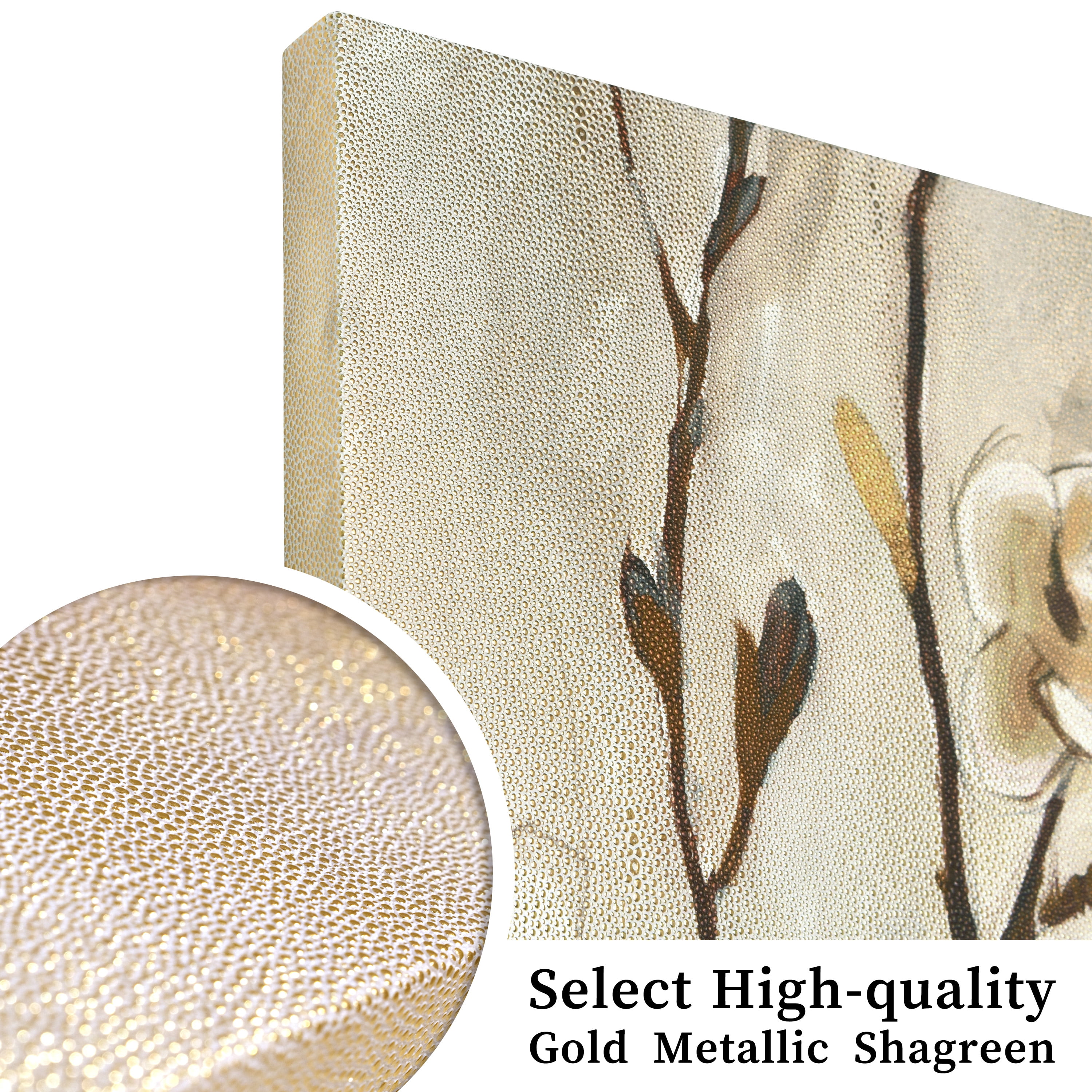"Blossoming Tranquility" Floral Rendered on Gold Shagreen Wrapped Canvas Wall Art, sized 60"x40"