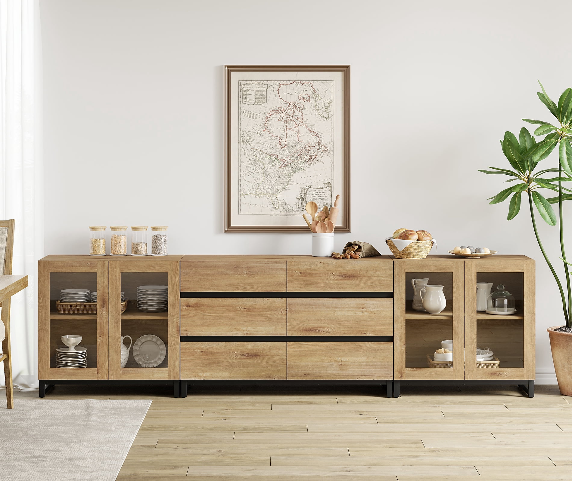 3 In 1 Multifunctional Sideboard Buffet Cabinets With Glass Doors And 6 Drawers, Modern Sideboard Credenza With Adjustable Shelf And Metal Base,Oak