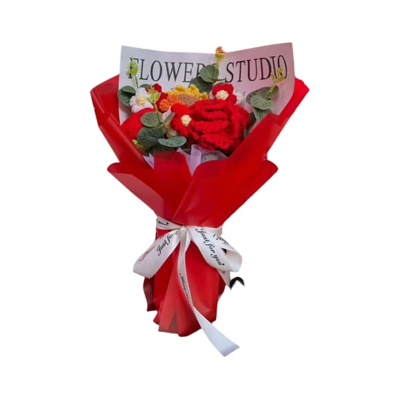 Handmade Crochet Flower Bouquet - Sunflower & Roses Knitted Bouquet Cotton Thread, Gifts for Women, Wife, Teacher, Christmas, Valentine, Anniversary, Birthday (A)