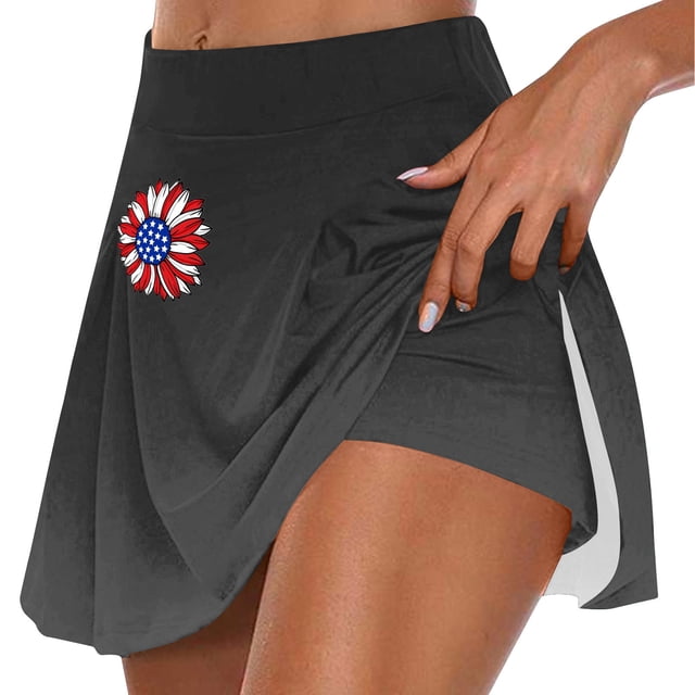 Faldas de Verano para las Mujeres Impresión Hoja Plisado Tenis Atlético Elástico Pantalones Cortos, Falso Dos Piezas Pantalones Falda para Diario
