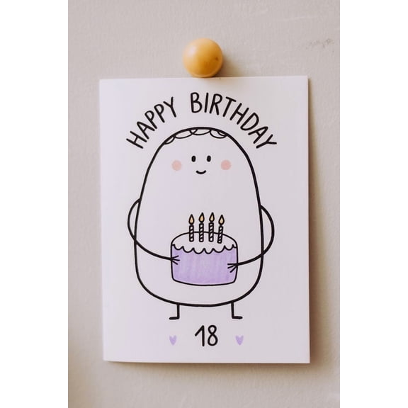 Happy Birthday Card for 18th Birthday – Cute Character with Cake Design – Blank Inside for Personal Messages – Envelope Included