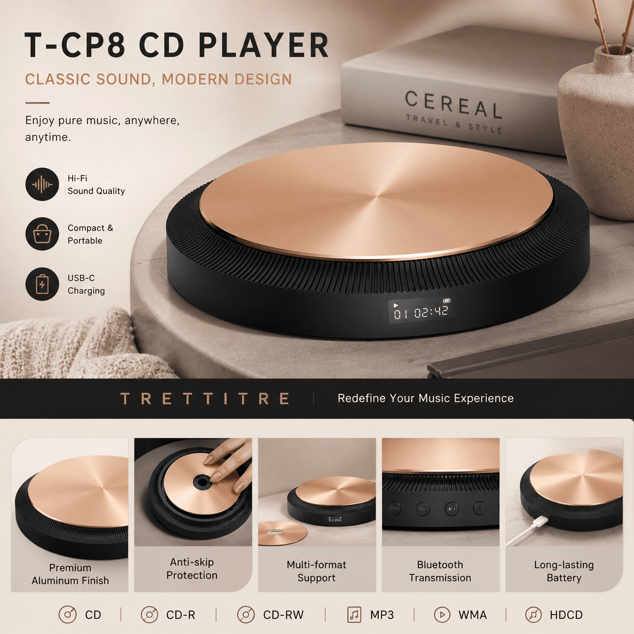 Trettitre protable CD player with Bluetooth – White & Gold for home and travel