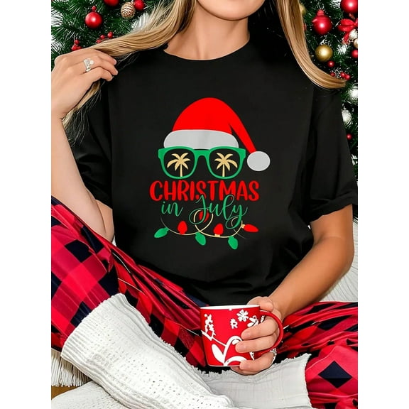 100% Cotton Women T-Shirt Christmas In July Santa Hat Sunglasses Summer Celebration T-Shirt