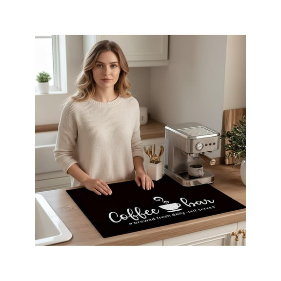 Black coffee themed drying mat, stylish coffee mat, high-quality polyester, non-slip rubber base, multi-functional kitchen countertop mat, coffee bar accessory, refreshing everyday brewing theme.
