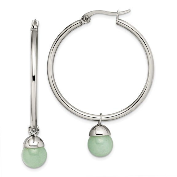 FB Jewels Stainless Steel Polished Hoop w/Green Aventurine Bead Earrings