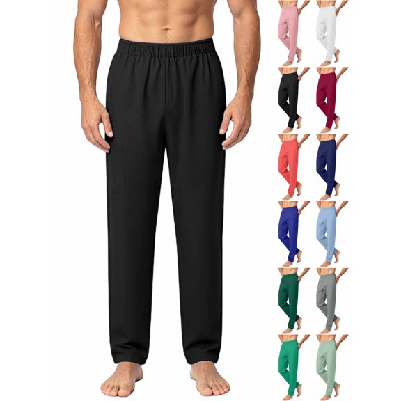 Straight Leg Work Pants for Men Solid Color Elastic Waist Stretch Trousers with Pockets for Outfit & Casual Wear