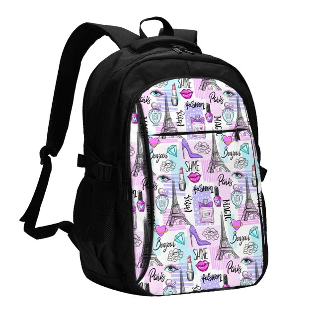 Balery Eiffel Tower and Hearts Mochila con carga USB para hombre y mujer - Mochila impermeable y antirrobo para portátil con puerto USB para viajes, trabajo, estudios y universidad