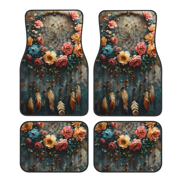 Fotbe Floral Dreamcatcher Elegance Juego de 4 Tapetes para Auto con Estampado – Alfombrillas de Goma Reforzada, Diseño Antideslizante, Protección para Todo el Año – Vehículos, Autos, Camionetas y SUVs