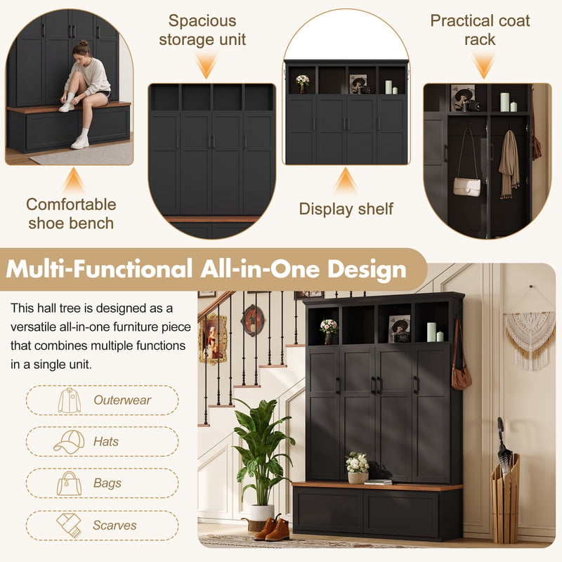Modern Farmhouse Hall Tree with Bench and Storage Cabinets, Entryway Coat Rack with 6 Hooks, 4 Hidden Cabinets, Drawers and Open Shelves, Mudroom Organizer for Hallway, Living Room