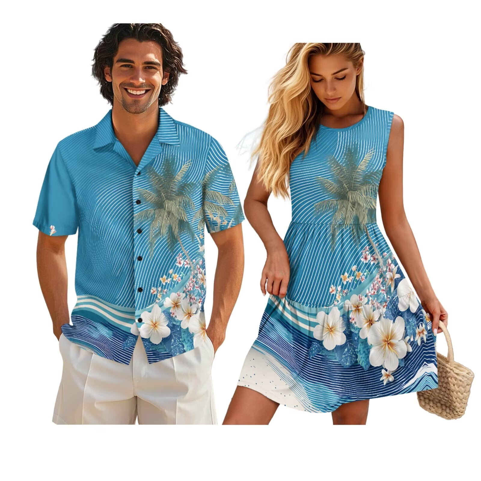 Jeiento Matching Vacation Outfits for Couples Hawaiian Button Down Shirt for Men Coconut Tree Trendy Hawaiian Luau Dresses, Blue