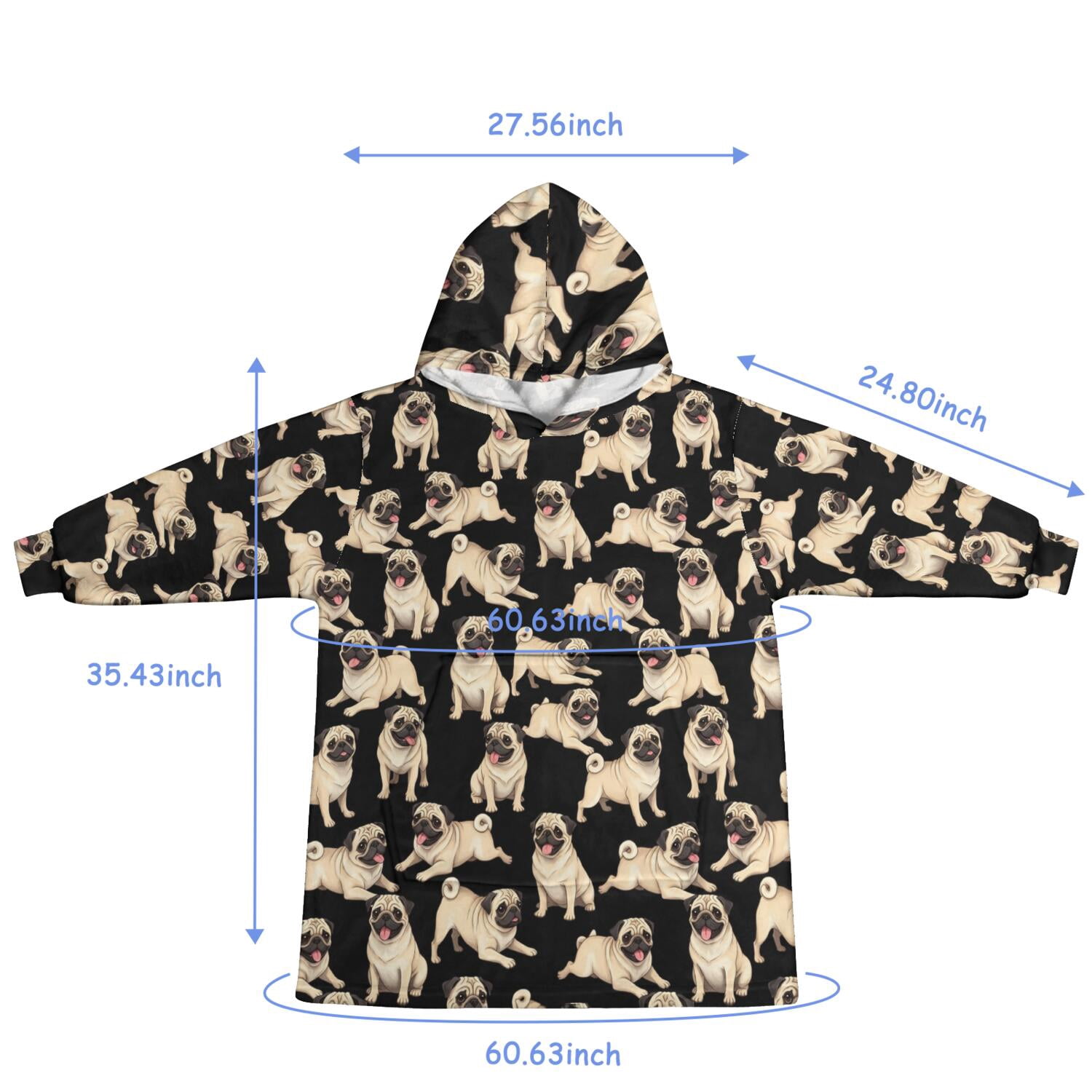 Wearable Blanket Hoodie,Pug Black Pattern Oversized Sherpa Blanket Hoodie with Super Pockets,Super Warm Fuzzy Pullover for Women & Men