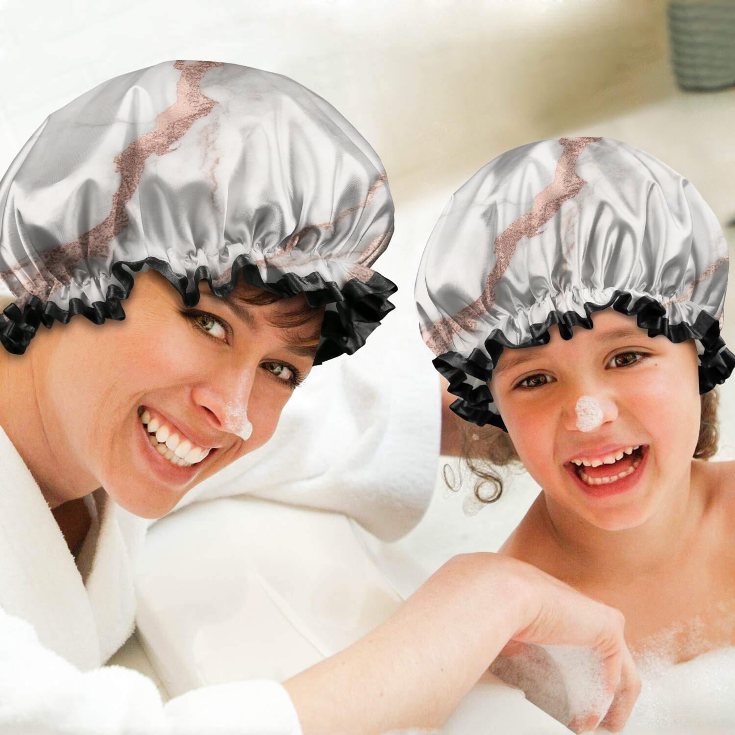 Shower Caps,White Marble Rose Gold Line Pattern Waterproof Shower Cap for Women 4 Pieces,Double Reusable Hair Cover for Shower PEVA Elastic Stretch Hem