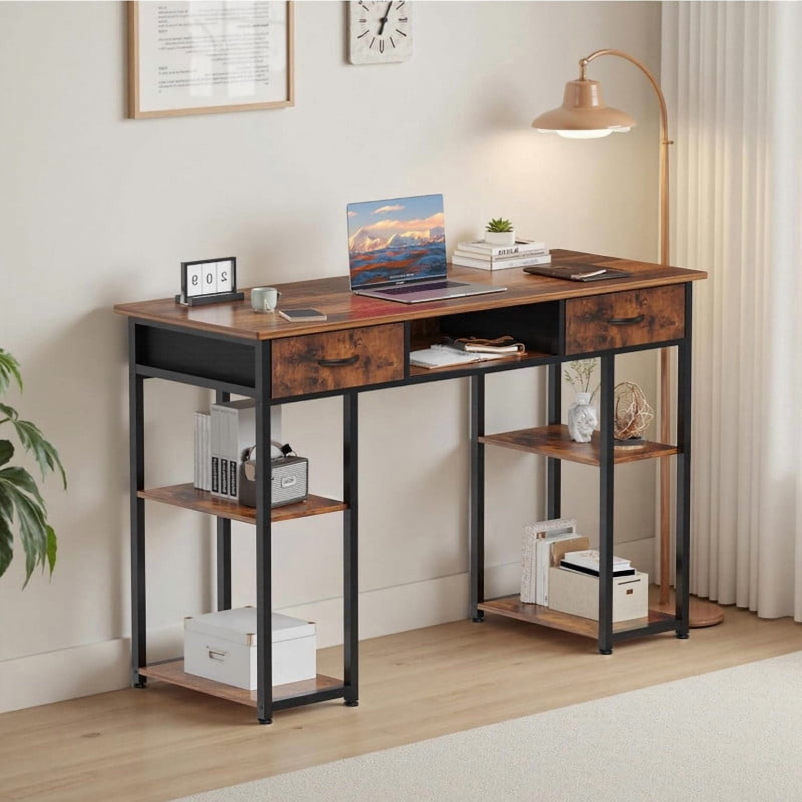 Kelno 48 Inch Computer Desk with 2 Fabric Drawer Storage Shelf Gaming Writing Table, Rustic Brown